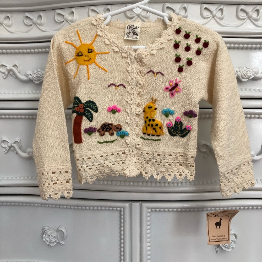 RARE Nwt Alpaca Connection Girls Lace Crochet Cardigan applique size 2 ARTE PERU